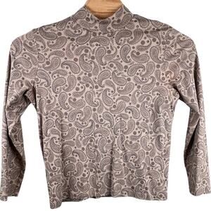 Kim Rogers High Neck Paisley Print 100% Cotton Crop Top Tan Black Womens Large